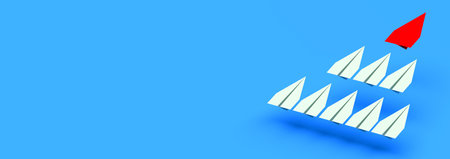 Leadership concept. Red leader plane leads other planes forward with blank copy space background. 3d...