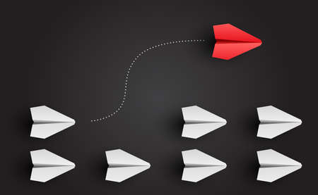 Individuality concept. Individual and unique leader red paper plane flies to the side. Vector illustrationのイラスト素材