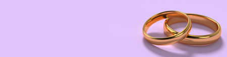 Banner of two wedding gold rings lie on each other with blank space background. 3d renderingの写真素材