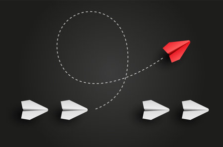 Individuality concept. Individual and unique leader red paper plane flies to the side. Vector...