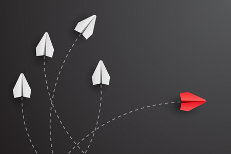 Individuality concept. Individual and unique leader red paper plane flies to the side. Think different. Vector illustrationのイラスト素材