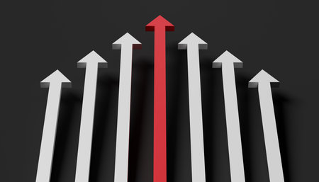 Leadership concept. One red leader arrow leading team forward. 3d renderingの写真素材