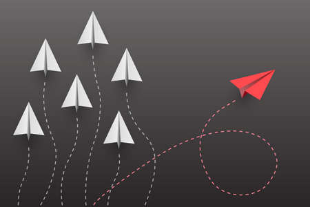 Individuality concept. Individual and unique leader red paper plane flies to the side. Vector illustrationのイラスト素材