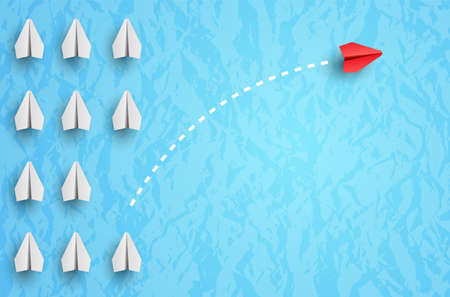 Individuality concept. Individual and unique leader red paper plane flies to the side. Vector illustrationのイラスト素材