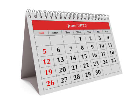 One page of the annual business desk monthly calendar. Date - month June 2022. 3d renderingの写真素材
