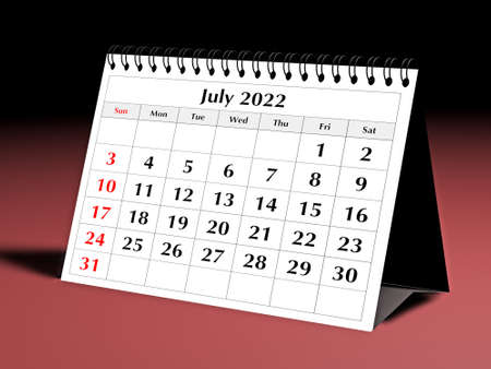One page of the annual business desk monthly calendar. Date - month July 2022. 3d renderingの写真素材
