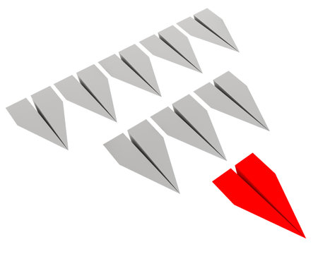 Leadership concept. Red leader plane leads other planes forward. Isolated on transparent png backgroundの写真素材