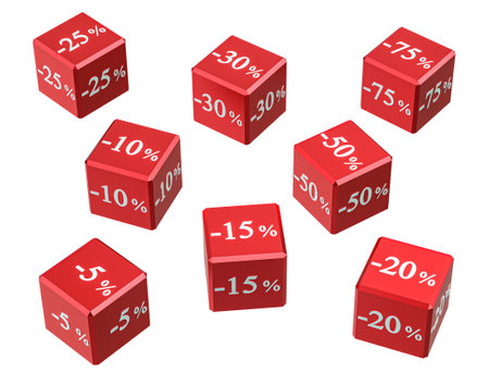 Red cubes with different discounts for sale. Figures with percentages. Isolated on transparent png backgroundの写真素材