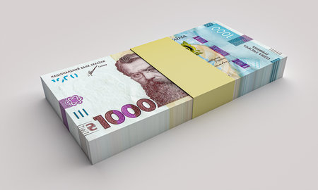 3d rendering Stack of ukrainian money hryvnia (grivna, hryvna) with 1000 banknotes. Finance concept.の写真素材