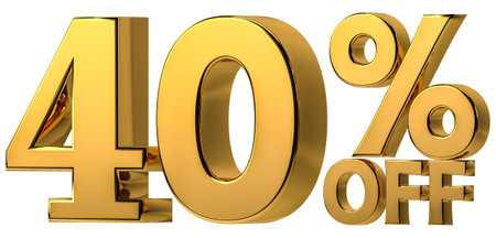 3d golden 40% off discount isolated on transparent background for sale promotion. Number with...