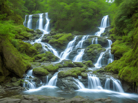 Powerful waterfall in a lush green forest, a mesmerizing display of nature's grandeur and untamed beautyの素材