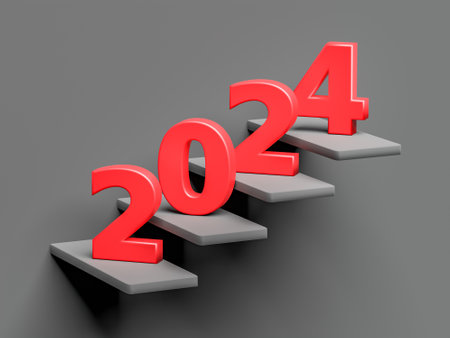 New year concept. Red number 2024 on steps. 3d renderingの写真素材