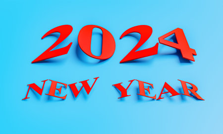 New year concept. Red slanted numbers 2024 on blue background. 3d rendering
