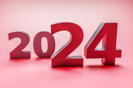 New year holiday concept in red colors. Number 2024. 3d renderingの写真素材