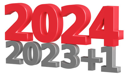 New year concept. Numbers 2023 plus 1 and 2024 isolated on transparent png backgroundの写真素材