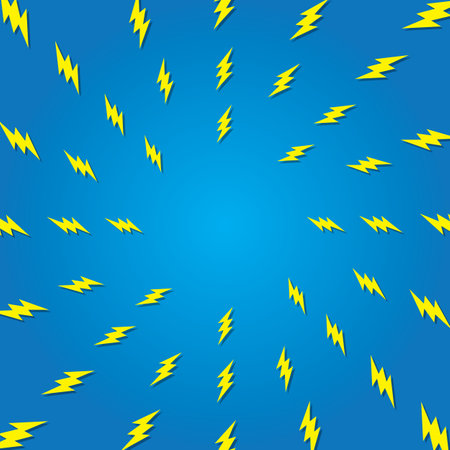 Blue background with yellow lightning bolts, illustrating sun rays. Abstract vector illustration with retro design, radiant energy conceptのイラスト素材