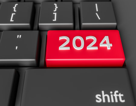 Number 2024 on a computer keyboard. New Year image on a computer key Enter. 3d renderingの写真素材