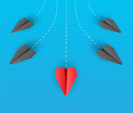 Creative concept with paper airplanes, symbolizing individuality, diversity, and innovative thinking. Vector illustration of planes flying in different directionsのイラスト素材