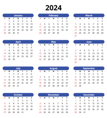 2024 calendar, english, vertical. Simplevector illustration. Plan your yearのイラスト素材