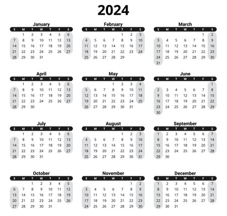 2024 english calendar, vertical. Week starts sunday. Printable vector illustration. Plan your yearのイラスト素材