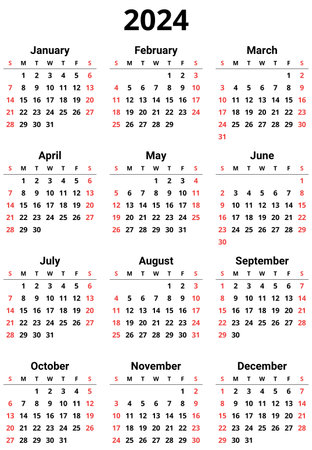 2024 year png calendar. Printable transparent illustration. 12 months. Week starts Sunday. English, verticalの写真素材