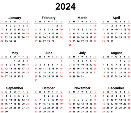 2024 year png calendar. Printable transparent illustration. 12 months. Week starts Sunday. English, Horizontalの写真素材