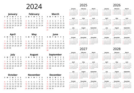 2024, 2025, 2026, 2027, 2028 vertical English calendars. Simple printable vector illustration. Plan your year with calendar styleのイラスト素材