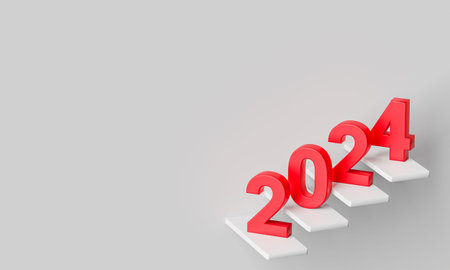 New year concepts. Red number 2024 on steps with blank empty copy space background. 3d rendering
