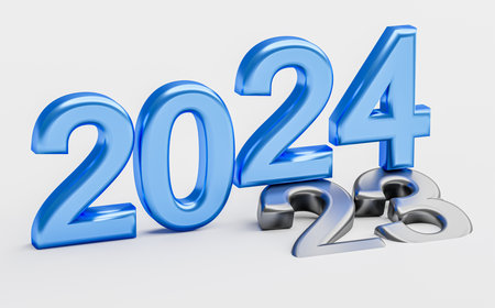 New year 2024 holiday concept. Blue number 2024 lies at 2023. 3d renderingの写真素材