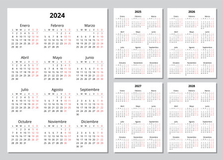 2024, 2025, 2026, 2027, 2028 vertical spanish calendars. Printable vector illustration set for Spain. Plan your year with calendar styleのイラスト素材