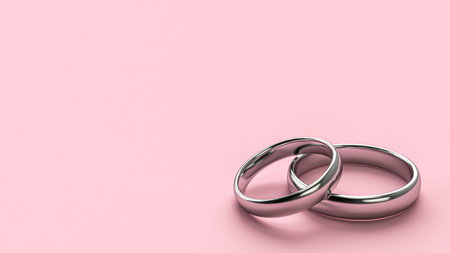 Illustration of two gold wedding rings with blank background for Valentine's Day. Concepts of unity and loveの写真素材