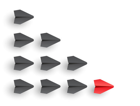 Vector illustration of paper planes following a leader, symbolizing teamwork, strategy, and business successのイラスト素材