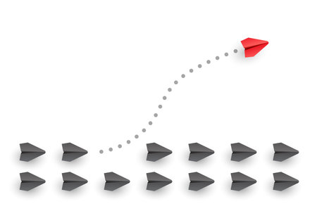 Individuality concepts. Individual unique leader red paper plane flies to the side. Vector...