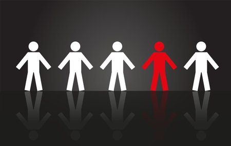 Unique individual standing out from the crowd. Vector illustration of people icons, one in red. Concept of individuality and uniqueness in communityのイラスト素材