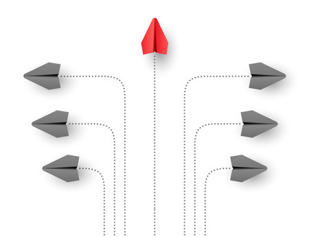 'Think different' - individuality concept. Individual and unique leader paper plane flies forward. Vector illustrationのイラスト素材