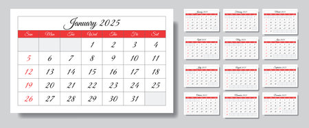 2025 calendar. A vector collection of English monthly page calendars. Design with handwritten scriptのイラスト素材