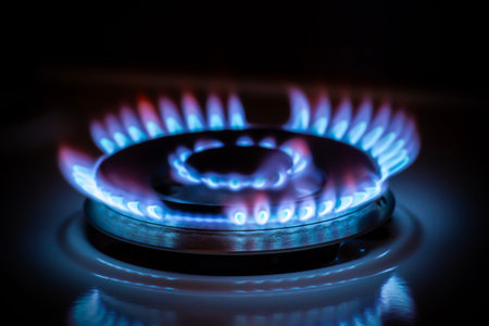 Gas stove burner with blue flame in the dark