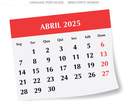 April PORTUGUESE monthly calendar for 2025 year. Vector illustration with stylish paper design for Portugalのイラスト素材