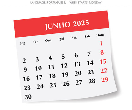 June PORTUGUESE monthly calendar for 2025 year - junho. Vector illustration with stylish paper design for Portugalのイラスト素材