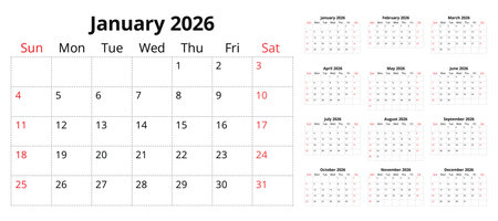 2026 calendar planner. A vector collection of English monthly page calendars. Design with Sunday startのイラスト素材