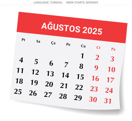 Turkish calendar for august 2025. Vector illustration for month for Turkey. Paper page with shadowのイラスト素材