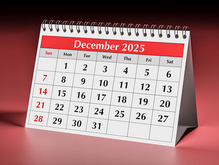 December 2025 calendar. One page of annual business desk monthly calendarsの写真素材