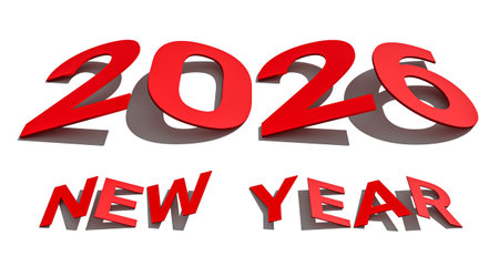 Number 2026 and text NEW YEAR isolated on white with shadow. Holiday concepts in red color