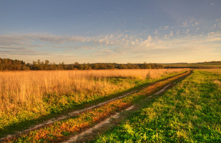 Autumn landscape with rural way, wonderful sunset light