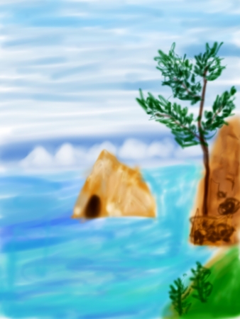 Digital illustration, summer landscape with alone tree at sea coastの写真素材