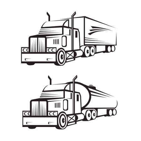 monochrome set of a truck with trailer and tank truckのイラスト素材