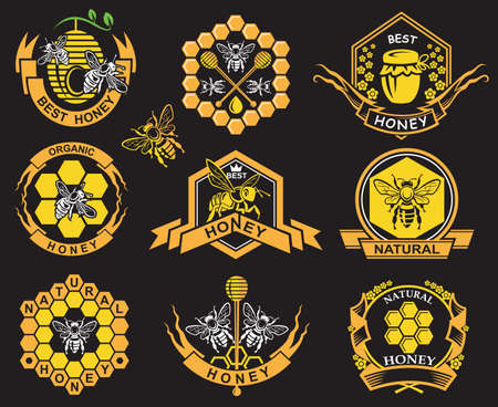 labels with bee and honey on black backgroundのイラスト素材