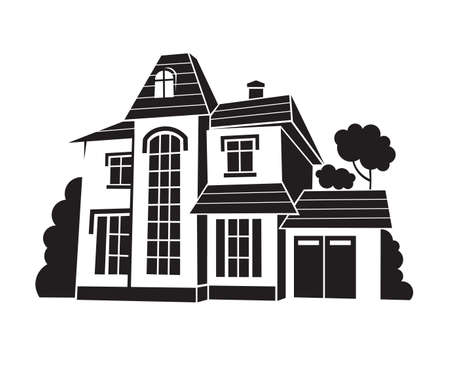 monochrome illustration of private houseのイラスト素材