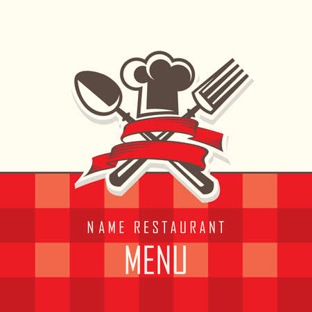 menu design with hat, fork and spoon on red backgroundのイラスト素材