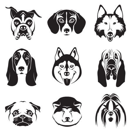 monochrome set of dogs headsのイラスト素材
